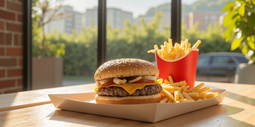 知名快餐连锁店logo，红色和黄色配色，汉堡图案